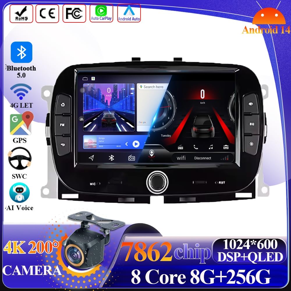 Android 15 Wireless CarPlay Multimedia Player for Fiat 500 2016–2019