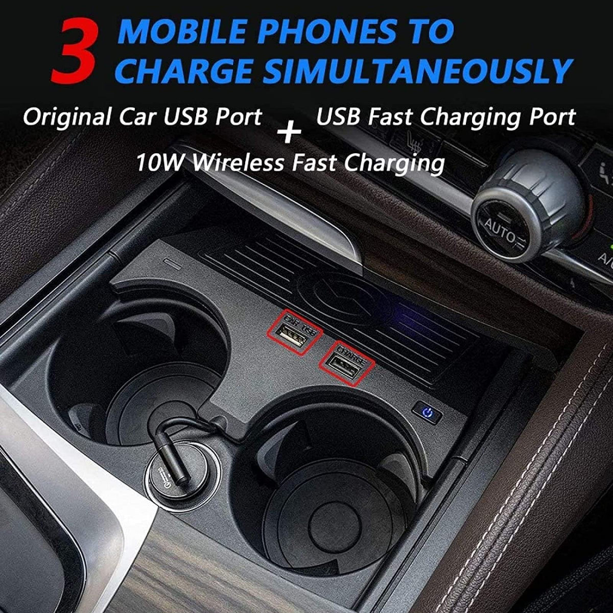 15W Wireless Car Charger with Dual USB Ports for BMW 5/6 Series 2017–2021