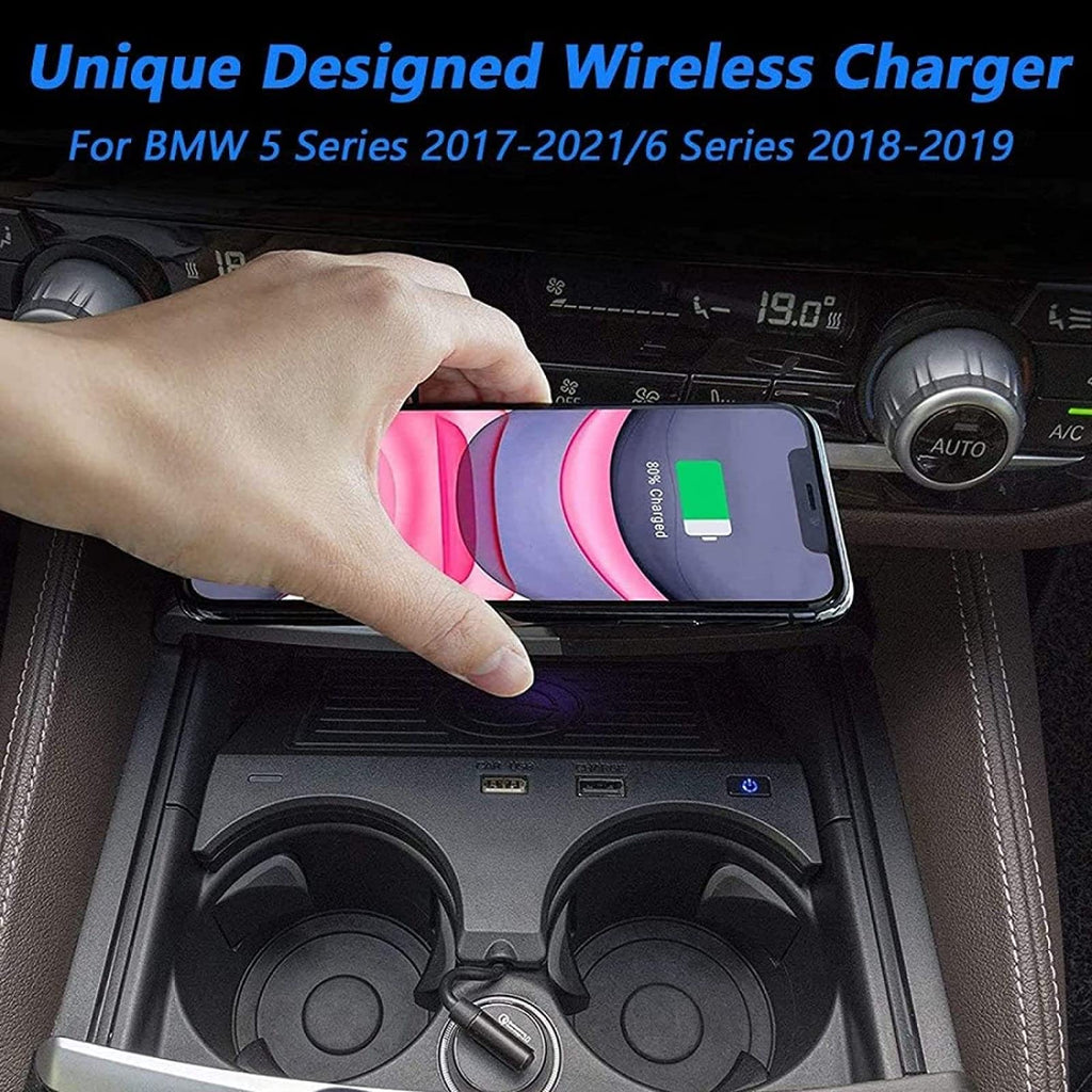 15W Wireless Car Charger with Dual USB Ports for BMW 5/6 Series 2017–2021